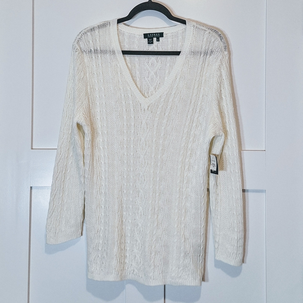 Lauren Ralph Lauren Linen Open  Knit Cable V-Neck Sweater White XL